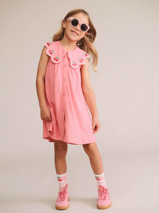 CHERRY EMB COLLAR DRESS - FLAMINGO