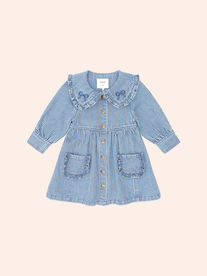 VINTAGE BOW COLLAR DENIM DRESS - BLUE STRIPE