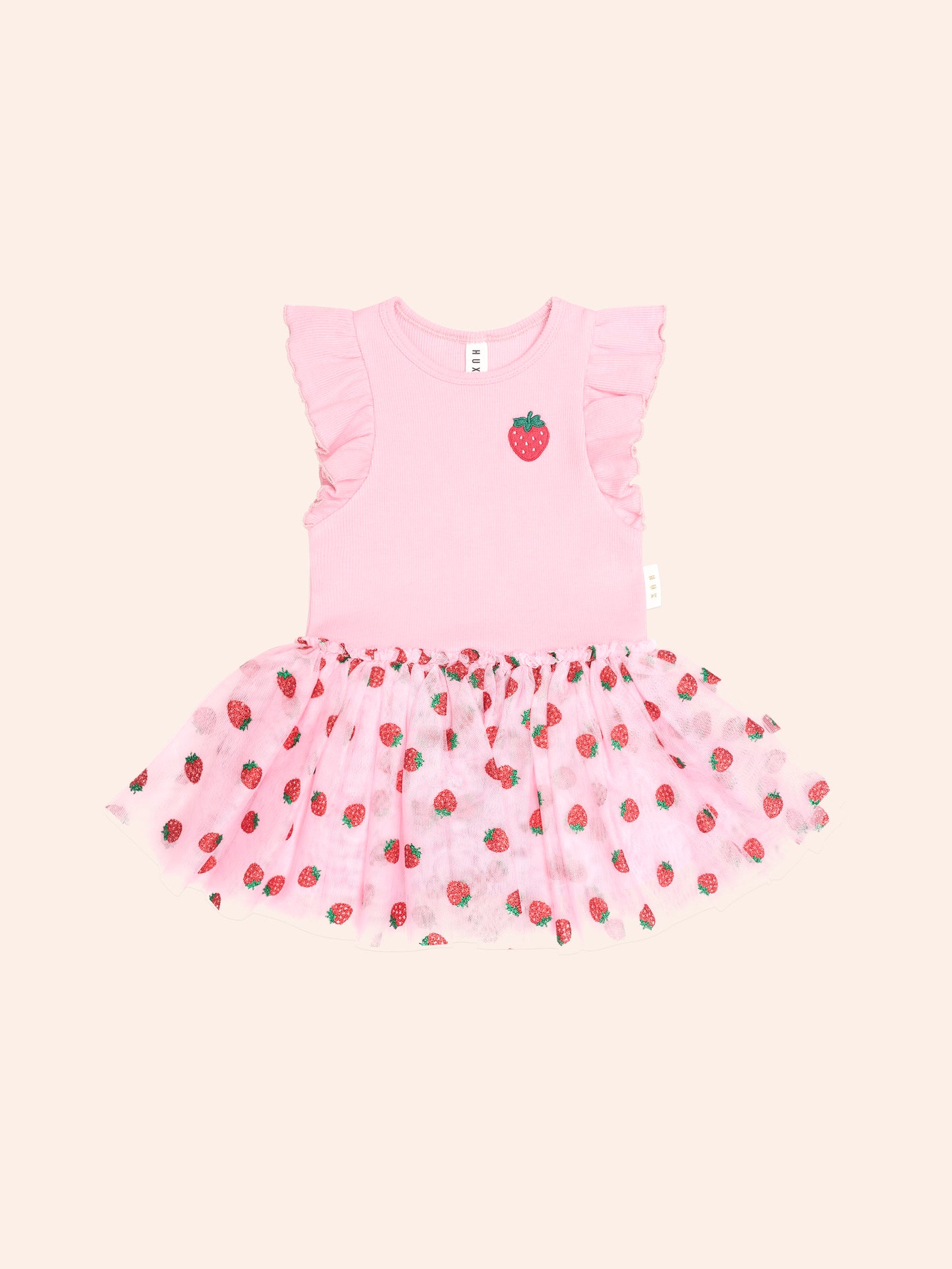 STRAWBERRY EMB S/SLV TULLE DRESS - STRAWBERRY CREME