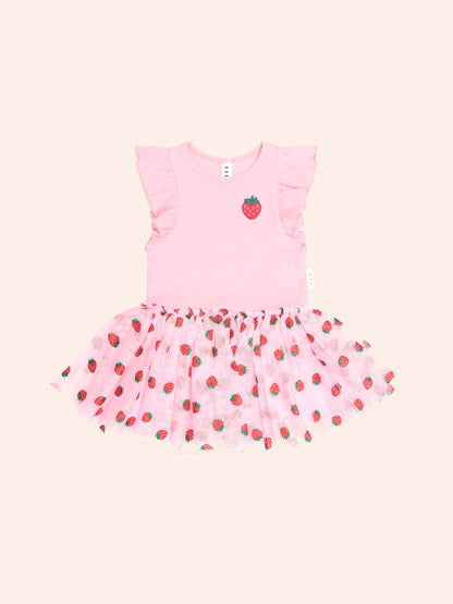 STRAWBERRY EMB S/SLV TULLE DRESS - STRAWBERRY CREME