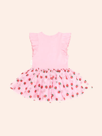 STRAWBERRY EMB S/SLV TULLE DRESS - STRAWBERRY CREME