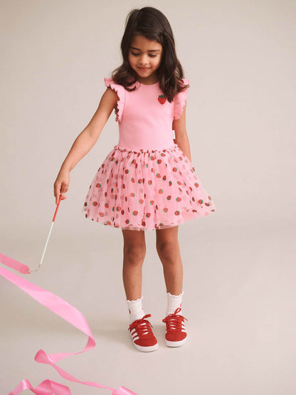 STRAWBERRY EMB S/SLV TULLE DRESS - STRAWBERRY CREME