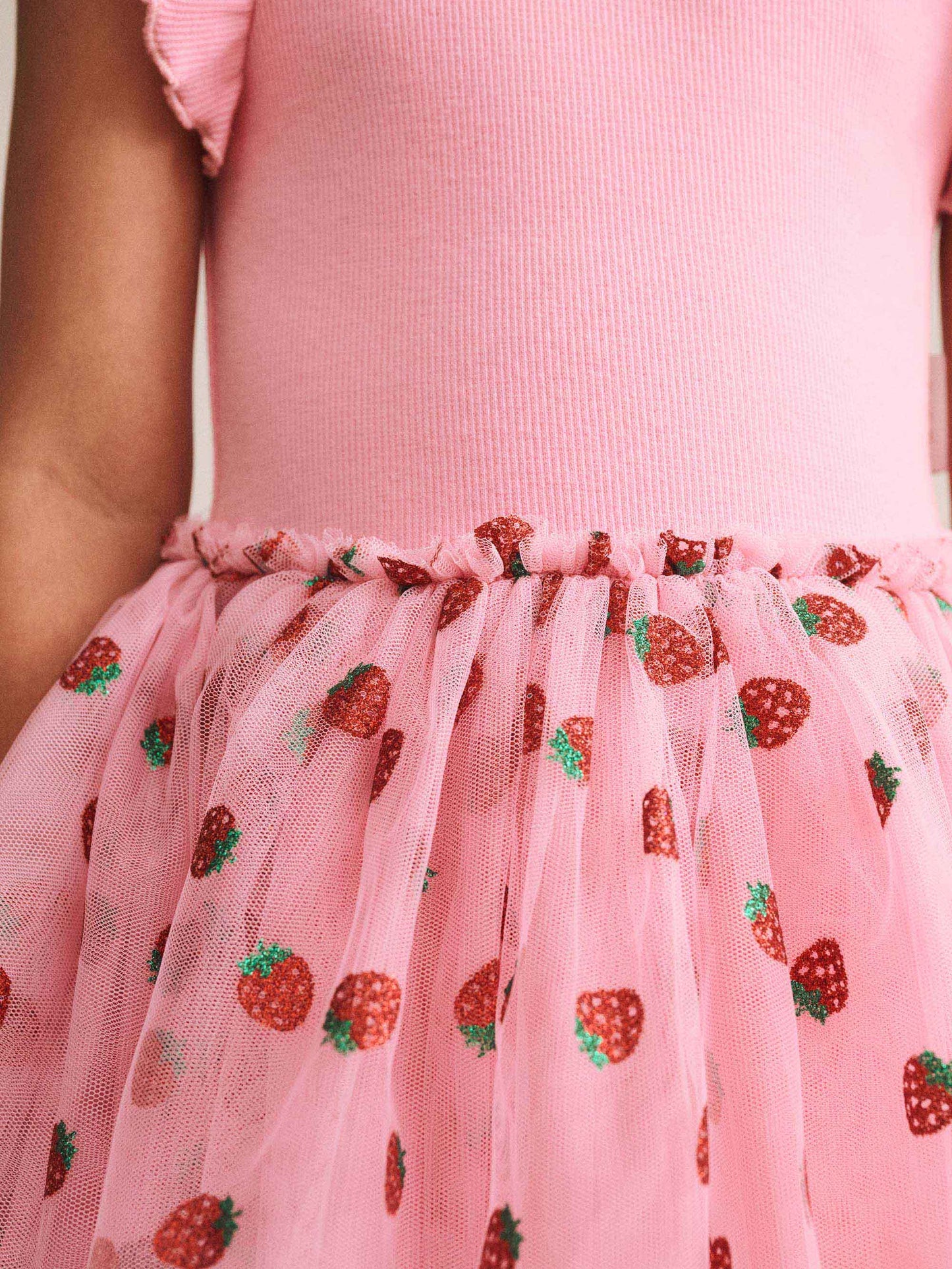 STRAWBERRY EMB S/SLV TULLE DRESS - STRAWBERRY CREME