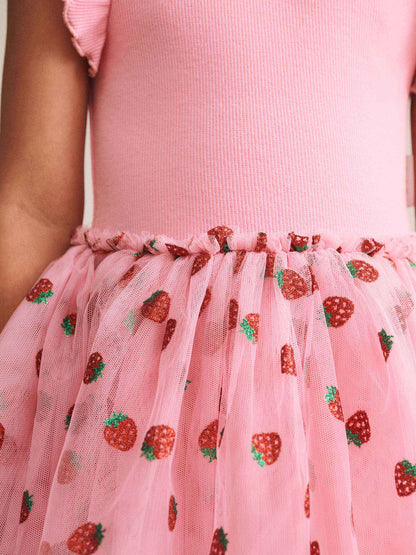 STRAWBERRY EMB S/SLV TULLE DRESS - STRAWBERRY CREME