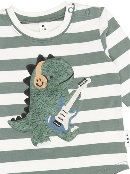 FURRY DINO STRIPE TOP - SPRUCE + ALMOND MILK