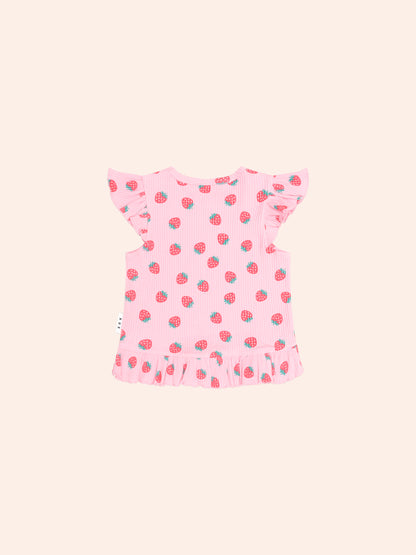 STRAWBERRY PRINT RIB PEPLUM TEE