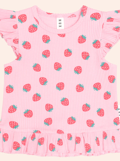 STRAWBERRY PRINT RIB PEPLUM TEE
