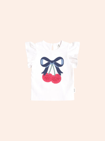 CHERRY BOW FRILL SLEEVE TEE - WHITE
