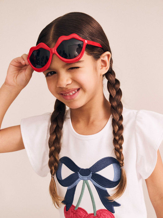 CHERRY BOW FRILL SLEEVE TEE - WHITE