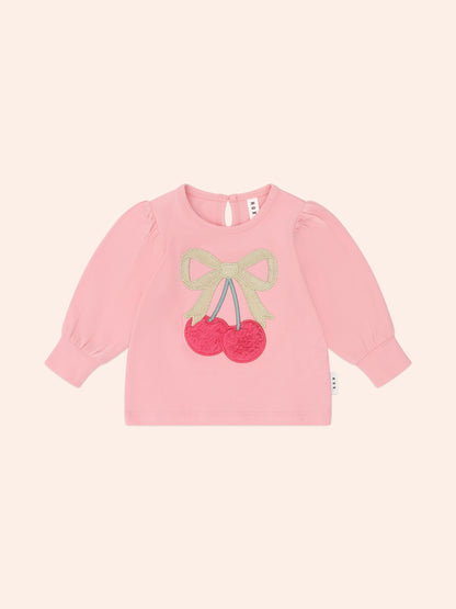 CHERRY BOW PUFF SLEEVE TOP - DUSTY PINK