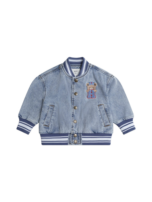 DREAMY DENIM VARSITY BOMBER