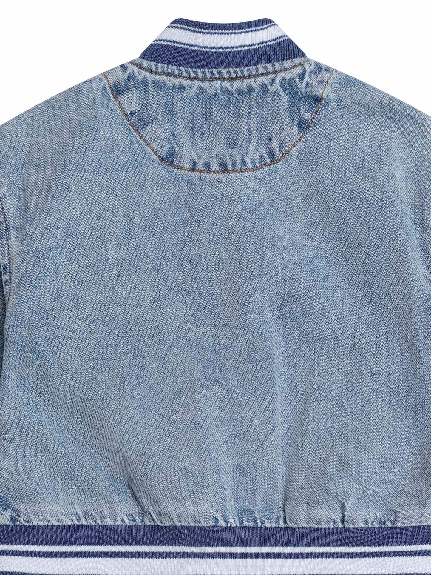 DREAMY DENIM VARSITY BOMBER