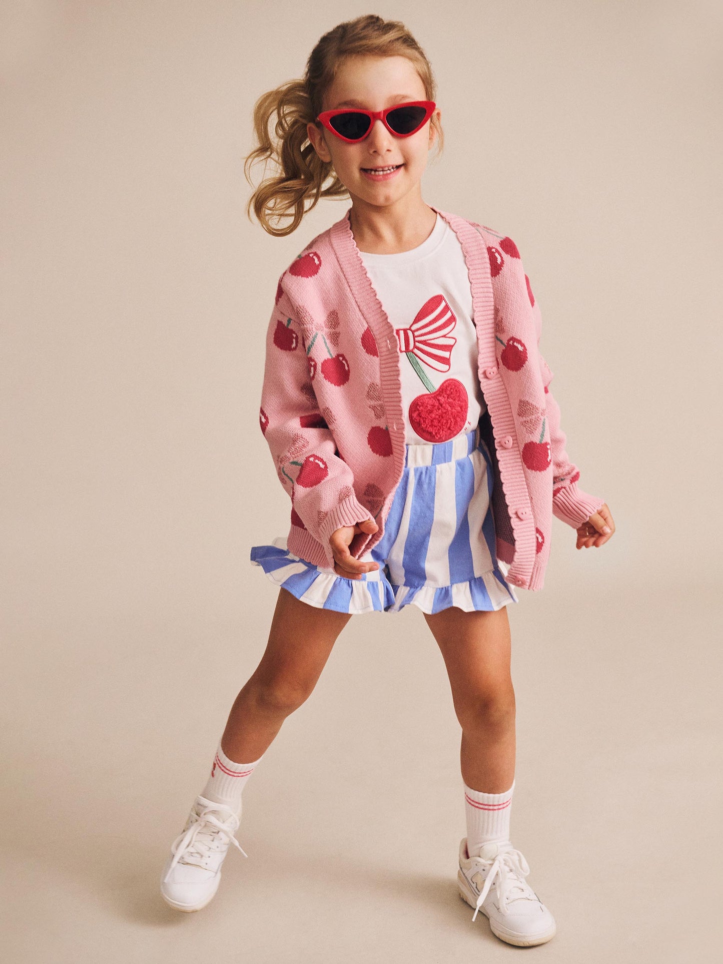 SEASIDE CHERRY STRIPE FRILL SHORT - SEASIDE ALMOND MILK