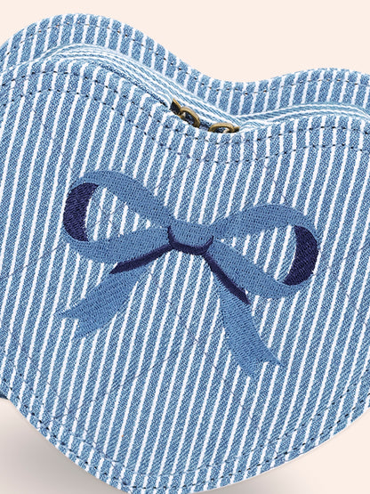 STRIPE DENIM BOW HEART HANDBAG - DENIM BLUE