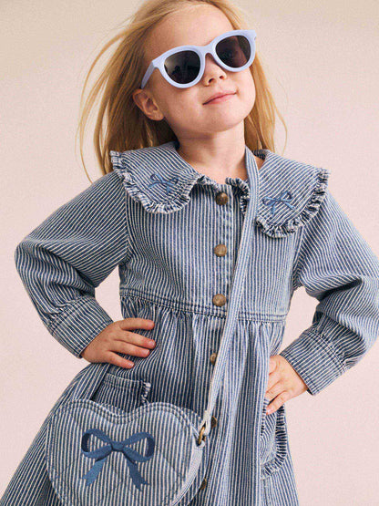 STRIPE DENIM BOW HEART HANDBAG - DENIM BLUE
