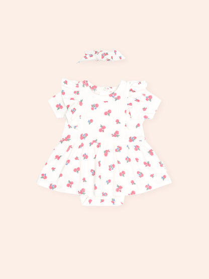 FLORAL POINTELLE S/LESS DRESS ROMPER AND HEADBAND