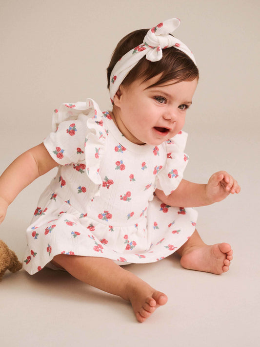 FLORAL POINTELLE S/LESS DRESS ROMPER AND HEADBAND