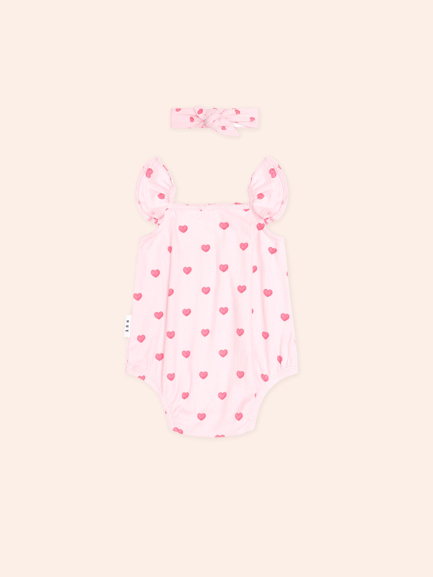 I HEART YOU POINTELLE BUBBLE ROMPER AND HEADBAND - BABY PINK