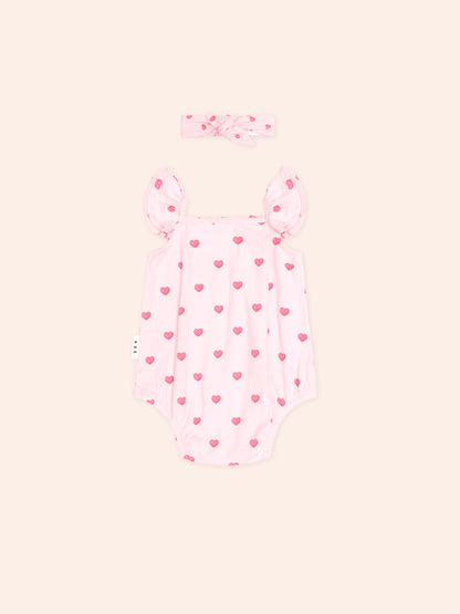 I HEART YOU POINTELLE BUBBLE ROMPER AND HEADBAND - BABY PINK