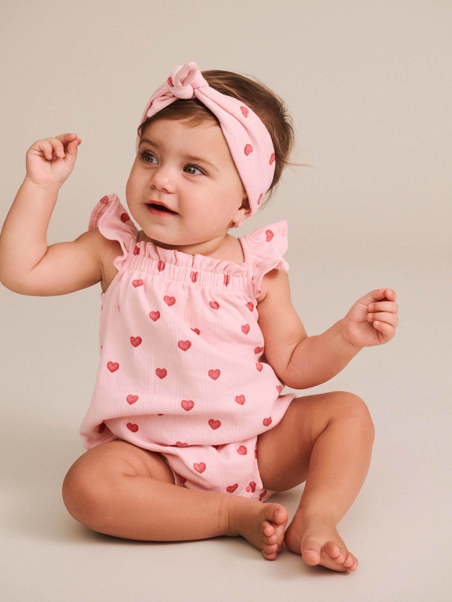 I HEART YOU POINTELLE BUBBLE ROMPER AND HEADBAND - BABY PINK