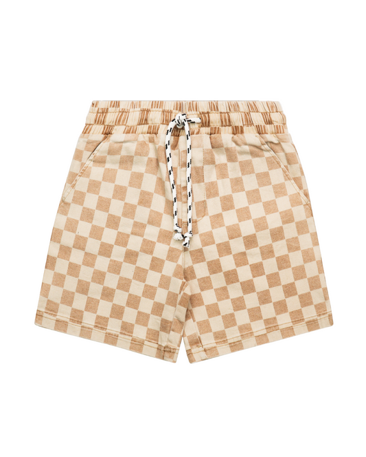 CHECKER DENIM SHORTS - LATTE