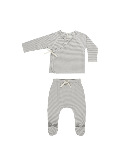 WRAP TOP + FOOTED PANT SET -  BLUE MICRO STRIPE | BLUE