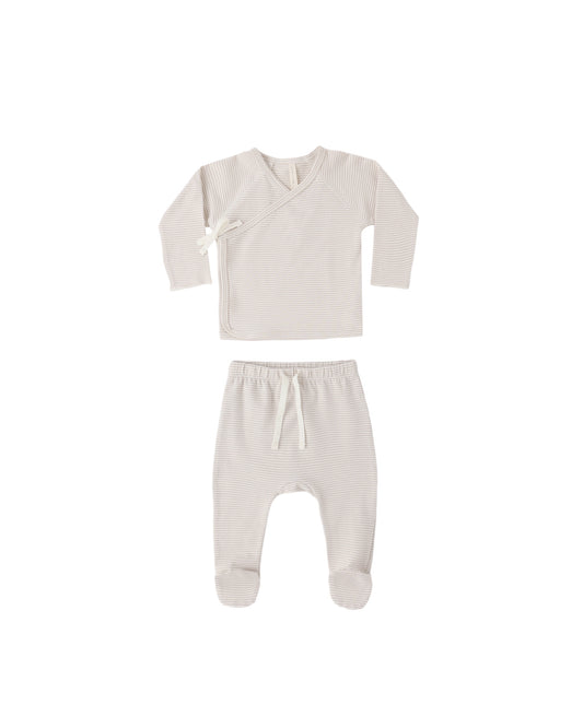 WRAP TOP + FOOTED PANT SET - OAT MICRO STRIPE