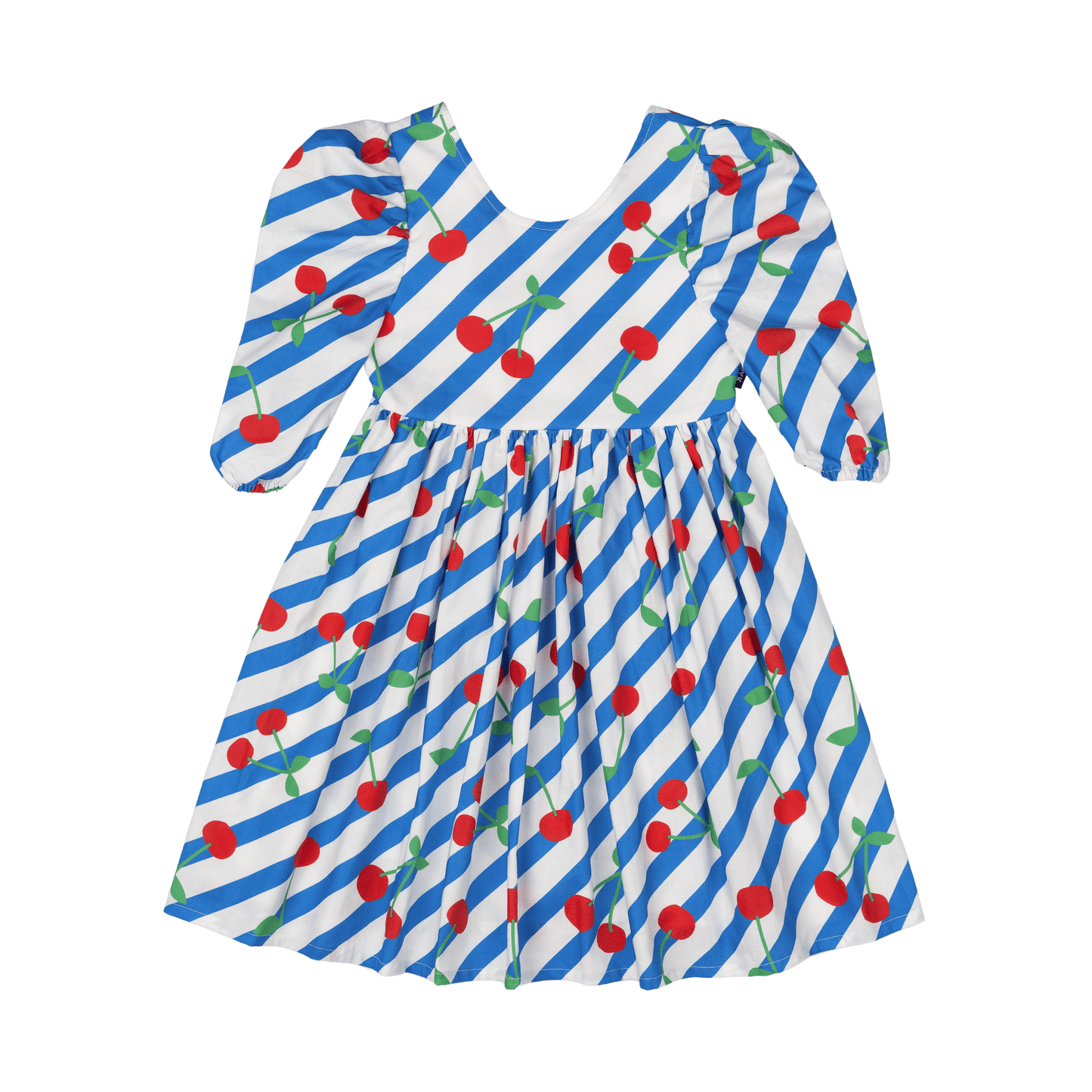 CHERRY STRIPES PUFF SLEEVE DRESS