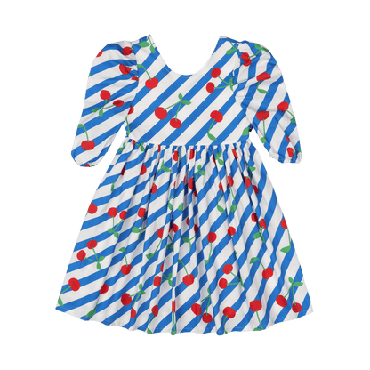 CHERRY STRIPES PUFF SLEEVE DRESS