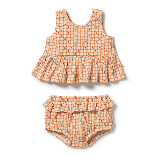 CHECKERBERRY ORGANIC CRINKLE COTTON RUFFLE SET