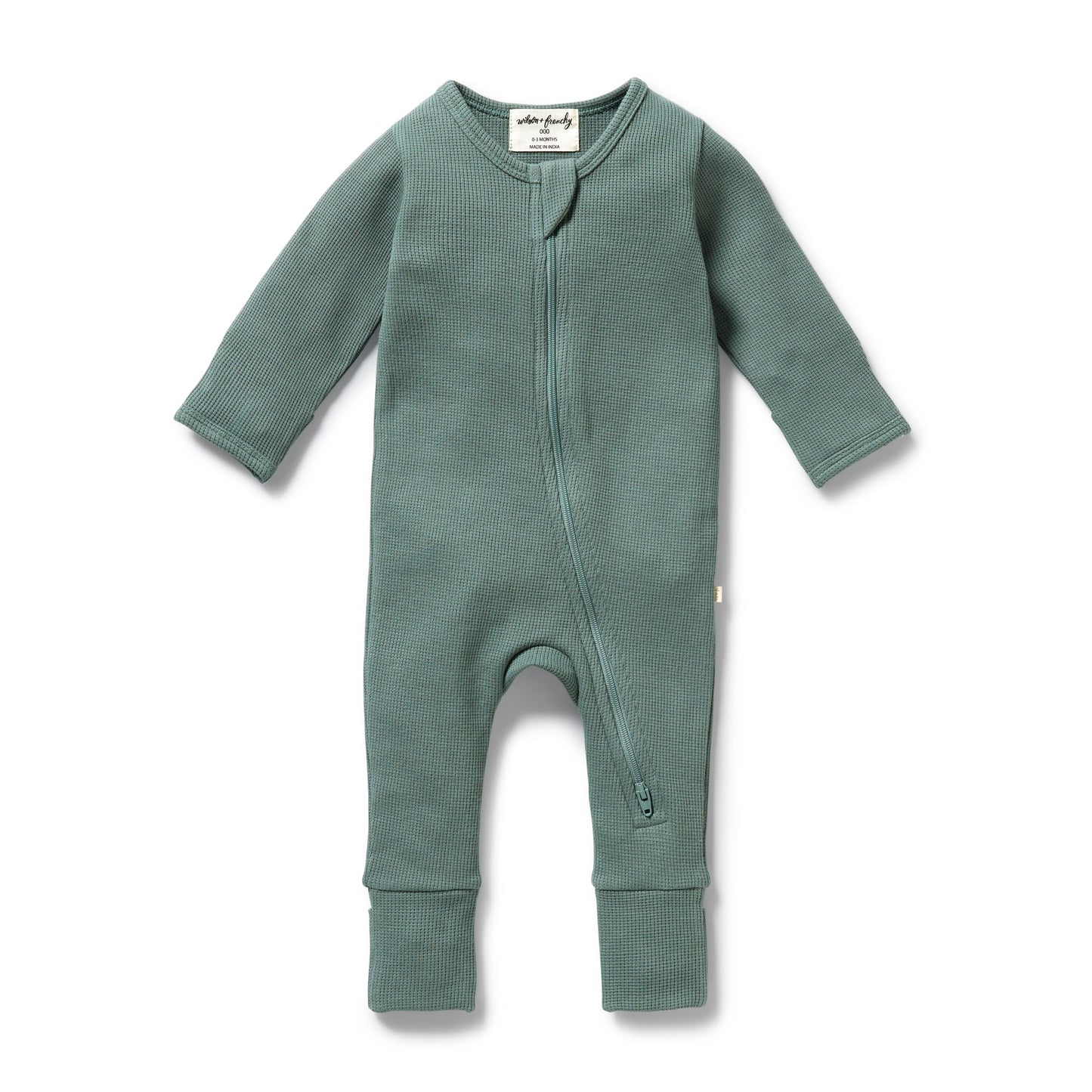 ORGANIC WAFFLE ZIPSUIT - PINE GREEN