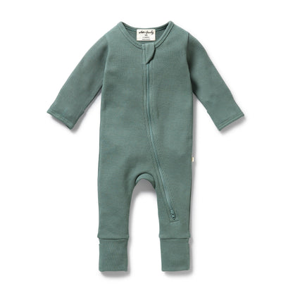 ORGANIC WAFFLE ZIPSUIT - PINE GREEN
