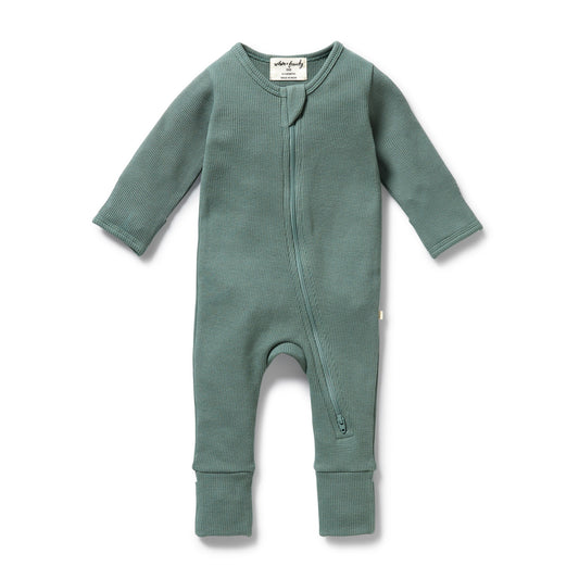 ORGANIC WAFFLE ZIPSUIT - PINE GREEN