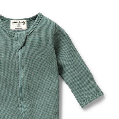 ORGANIC WAFFLE ZIPSUIT - PINE GREEN