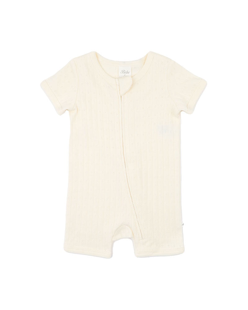ORGANIC POINTELLE SHORT SLEEVE ZIPSUIT - MILK