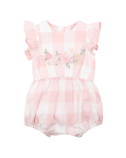 LARA EMBROIDERED CHECK ROMPER - PINK CHECK
