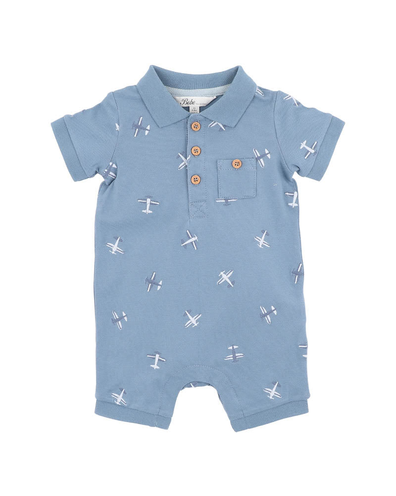 HARLAN EMBROIDERED SS POLO ROMPER - LAKE BLUE