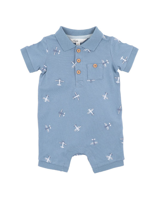 HARLAN EMBROIDERED SS POLO ROMPER - LAKE BLUE