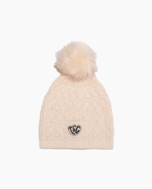 COTTON LACE POM POM KNIT BEANIE - CREAM