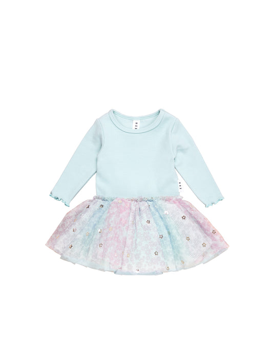 RAINBOW FLOWER RIB LONG SLEEVE BALLET ONESIE - SKY