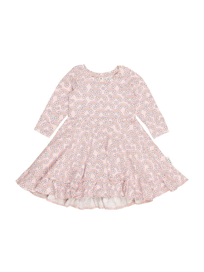 FLOWERBOW LONG SLEEVE SWING DRESS - PINK PEARL