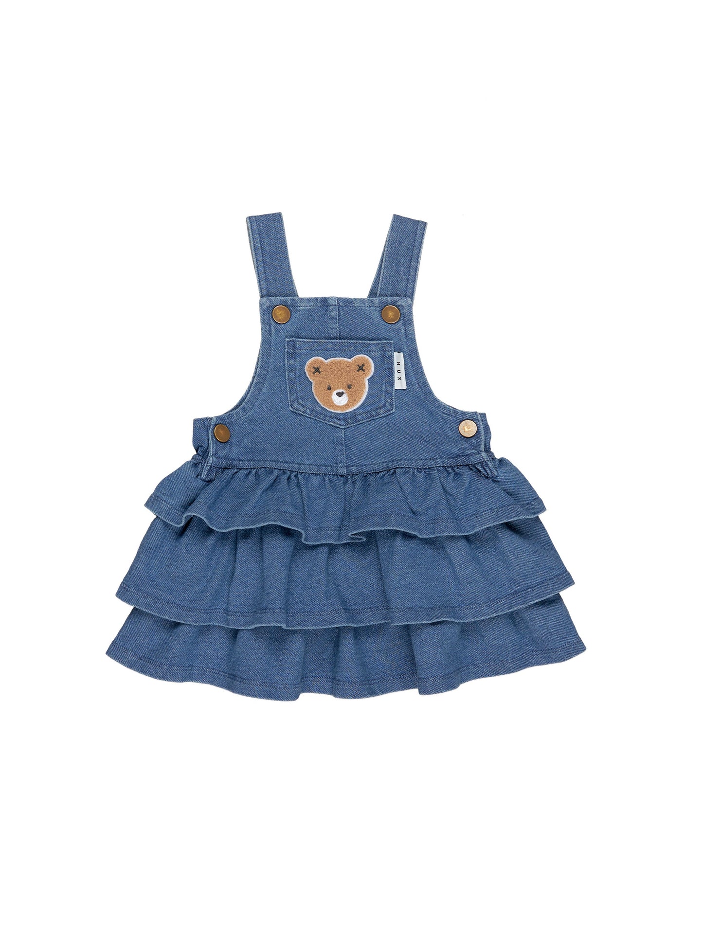 HUXBEAR KNIT DENIM FRILL OVERALL DRESS - DENIM LUE