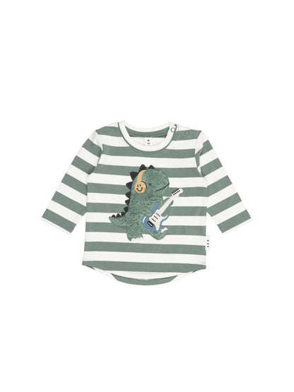 FURRY DINO STRIPE TOP - SPRUCE + ALMOND MILK