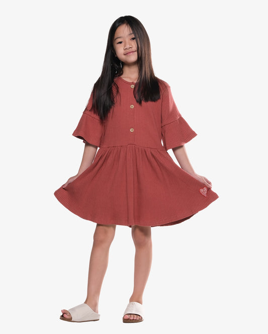 COTTON RIB FLARE SLEEVE BUTTON FRONT DRESS - SANGRIA