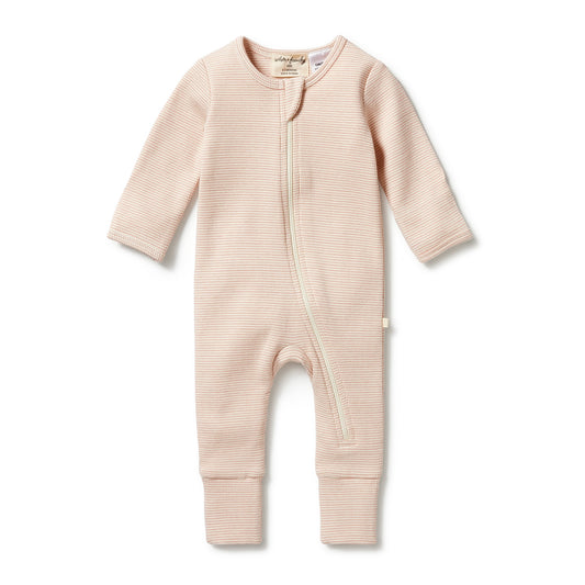 ORGANIC STRIPE RIB ZIPSUIT WITH FEET - ROSE