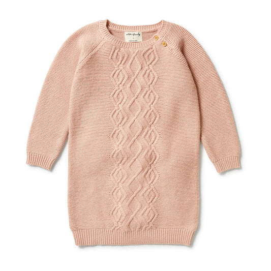 KNITTED CABLE DRESS GIRLS  - ROSE