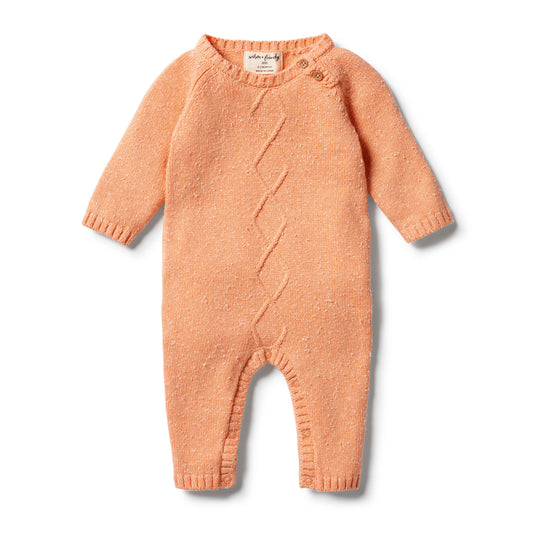 KNITTED CABLE RUFFLE GROWSUIT - APRICOT FLECK