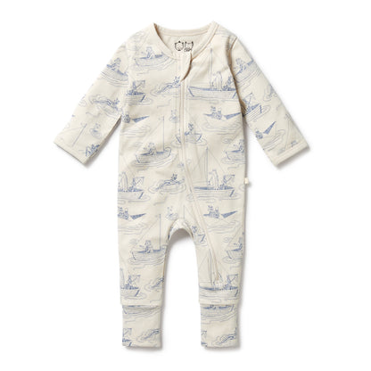 ORGANIC ZIPSUIT WITH FEET - SAIL AWAY