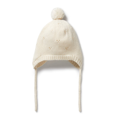 KNITTED POINTELLE BONNET - ECRU